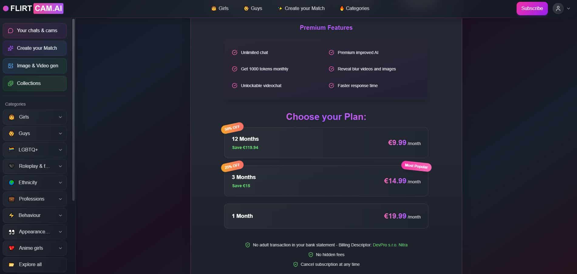 Flirtcam AI pricing