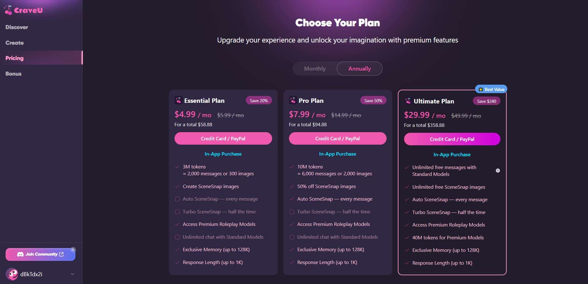 CraveU AI pricing