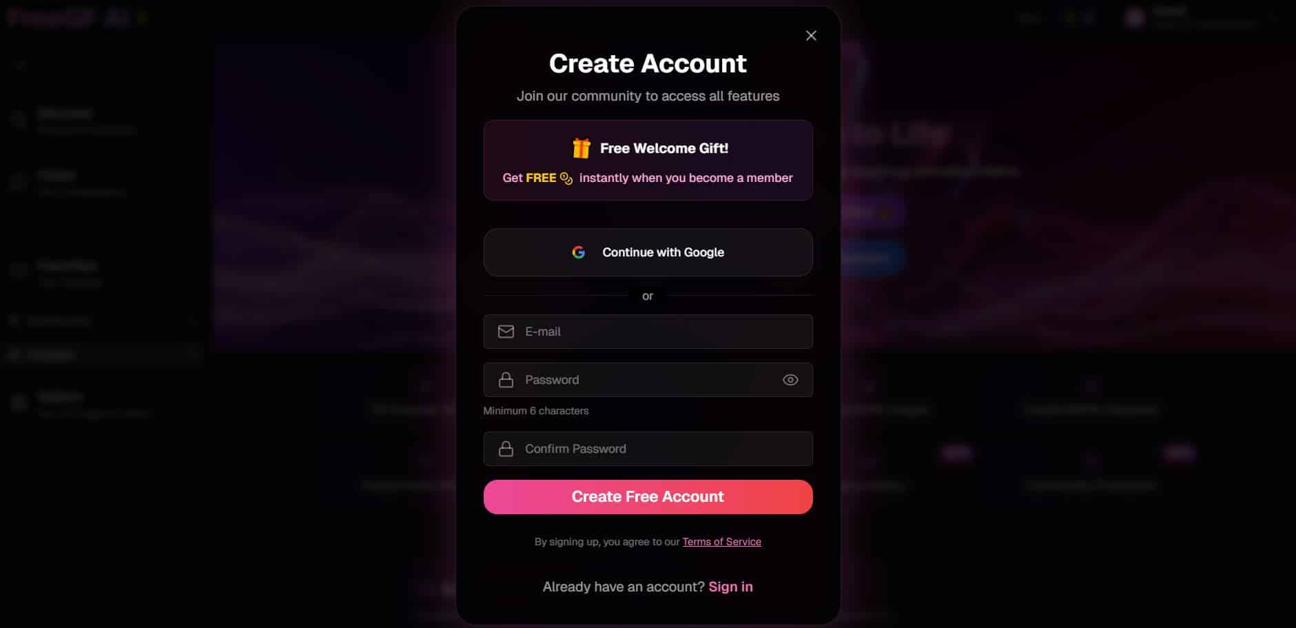 Create FreeGF AI account