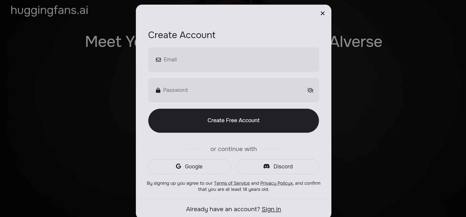 Create HuggingFans AI account
