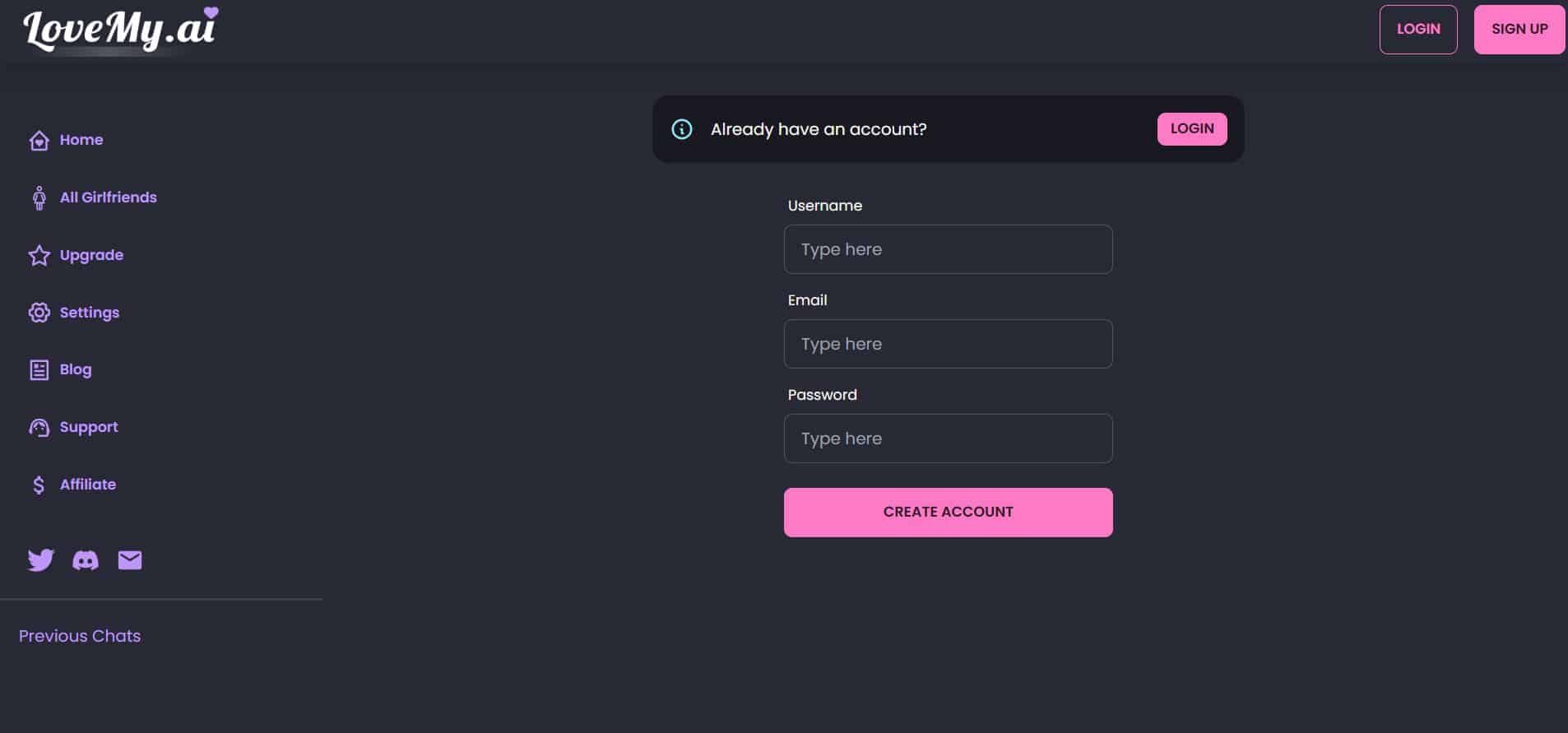 Create LoveMy AI account