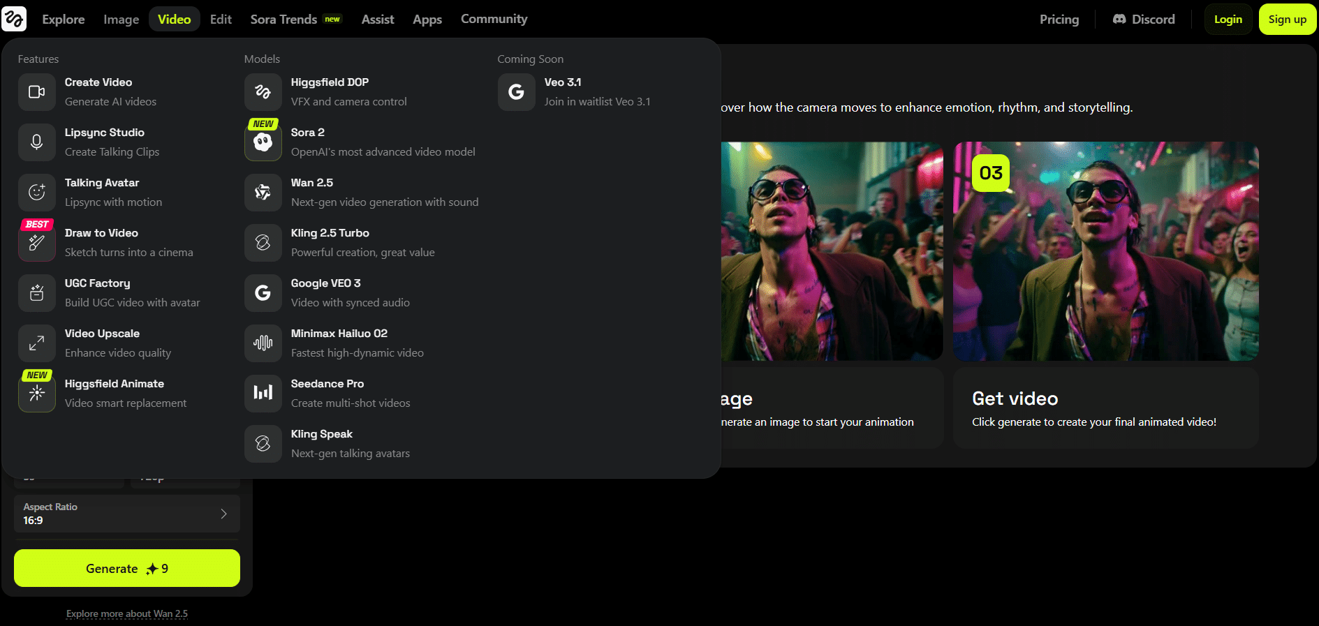 Higgsfield.AI features video generator