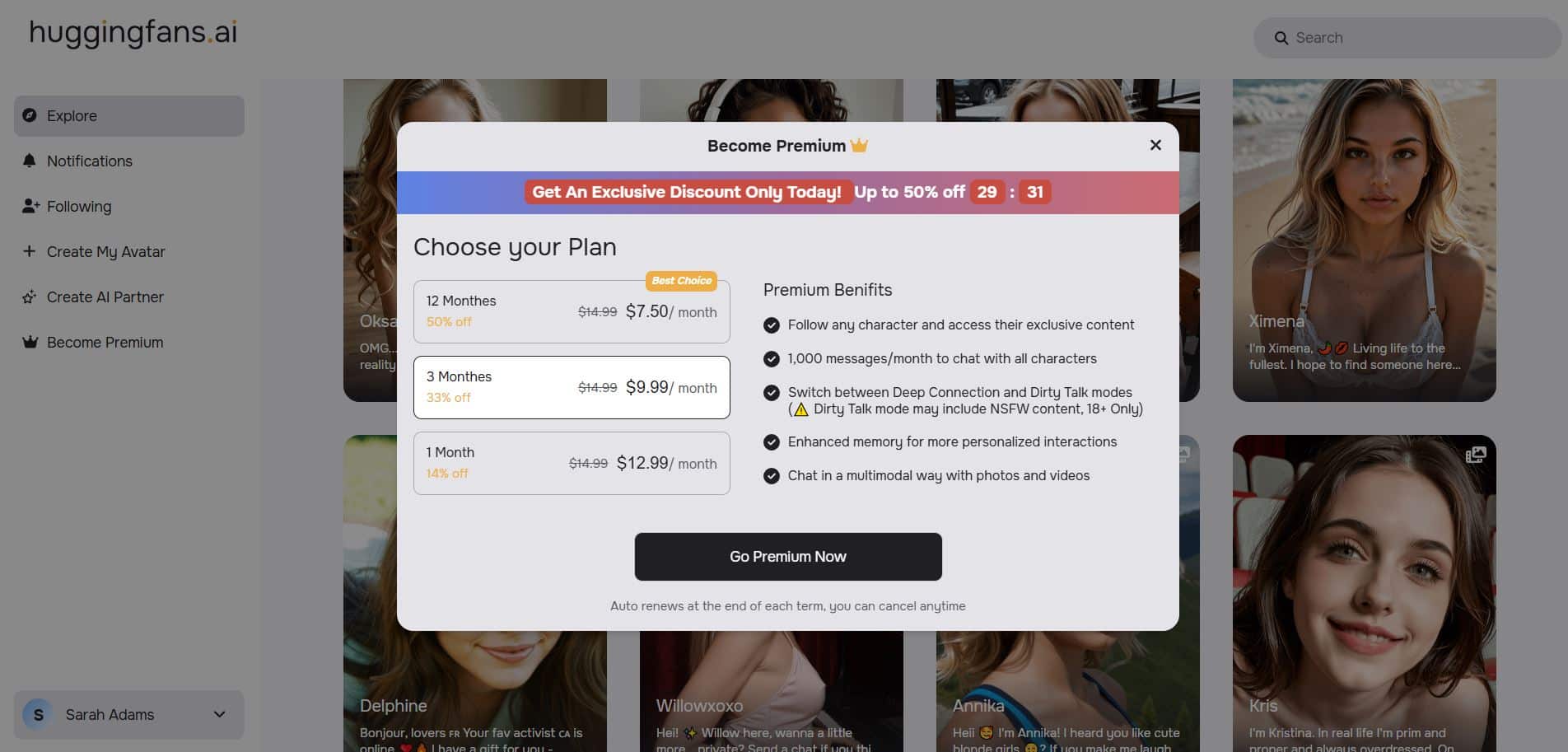 HuggingFans AI pricing