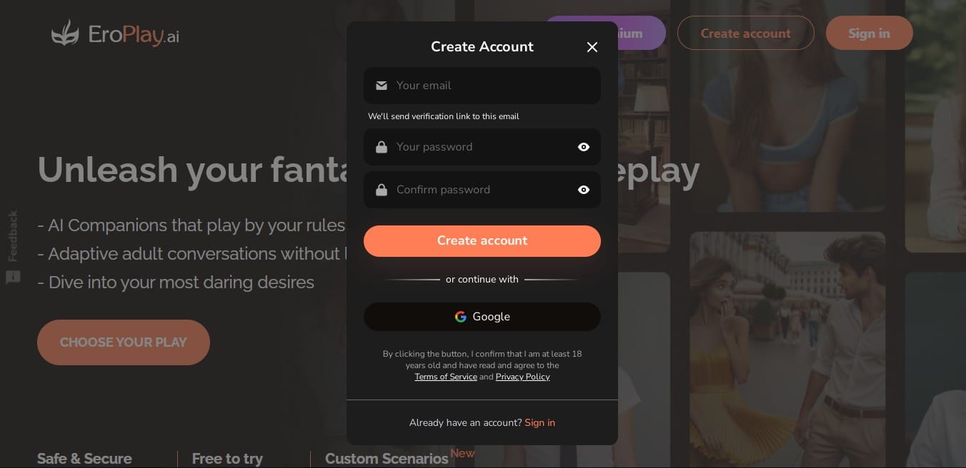 Create EroPlay AI account