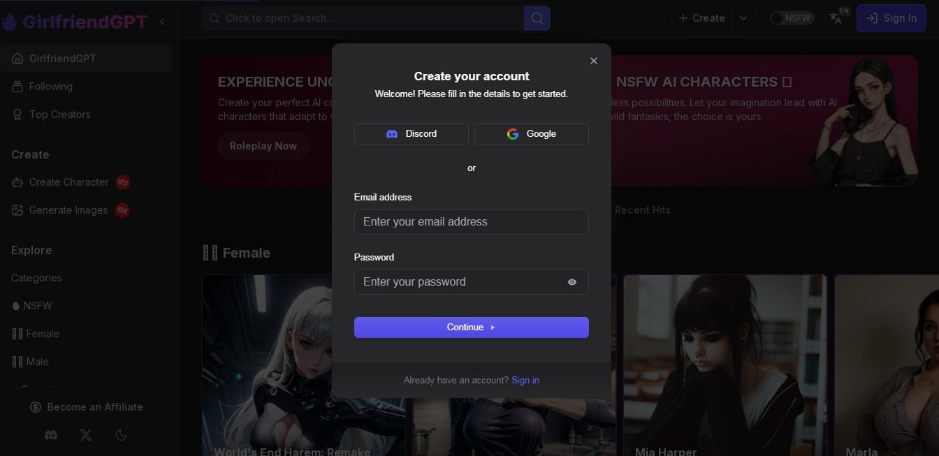 Create GPTGirlfriend account