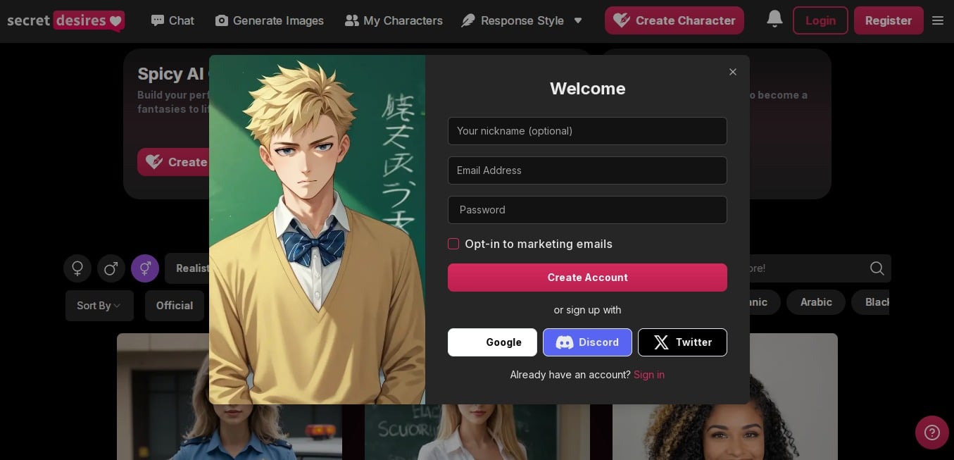 Create SecretDesires account