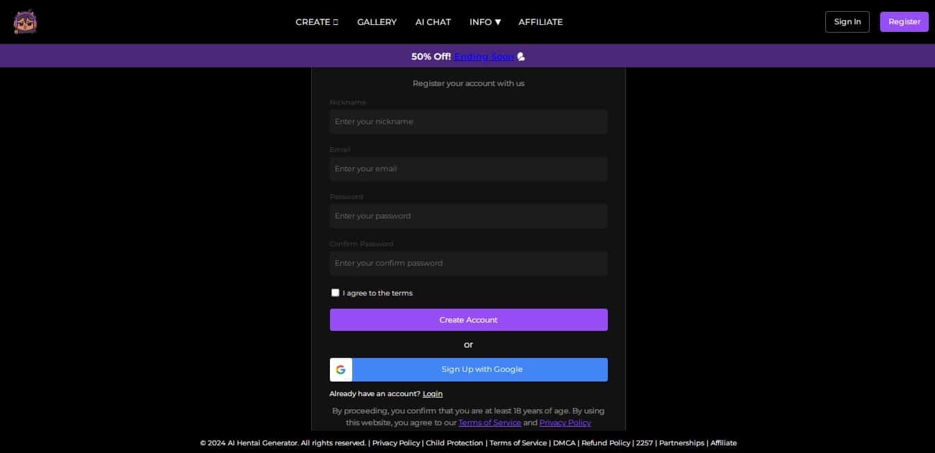 Create account on AI Hentai Generator