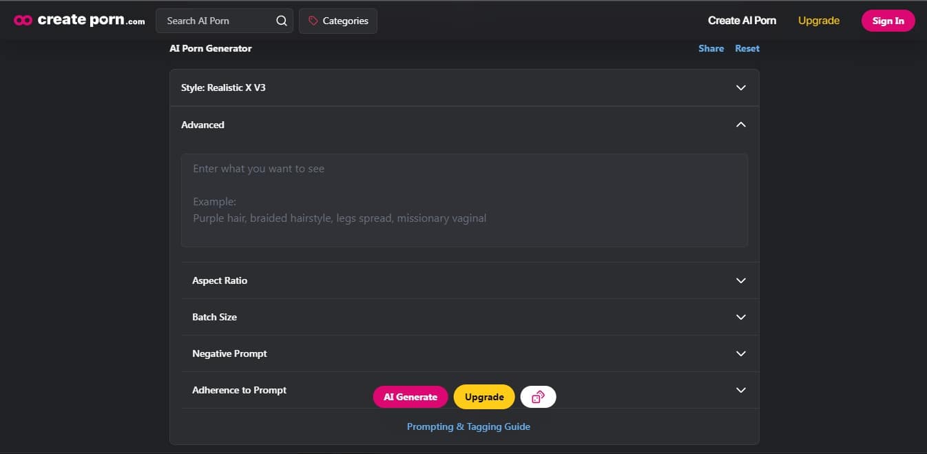 CreatePorn Prompts input