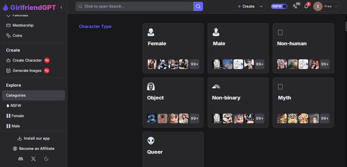GPTGirlfriend User interface