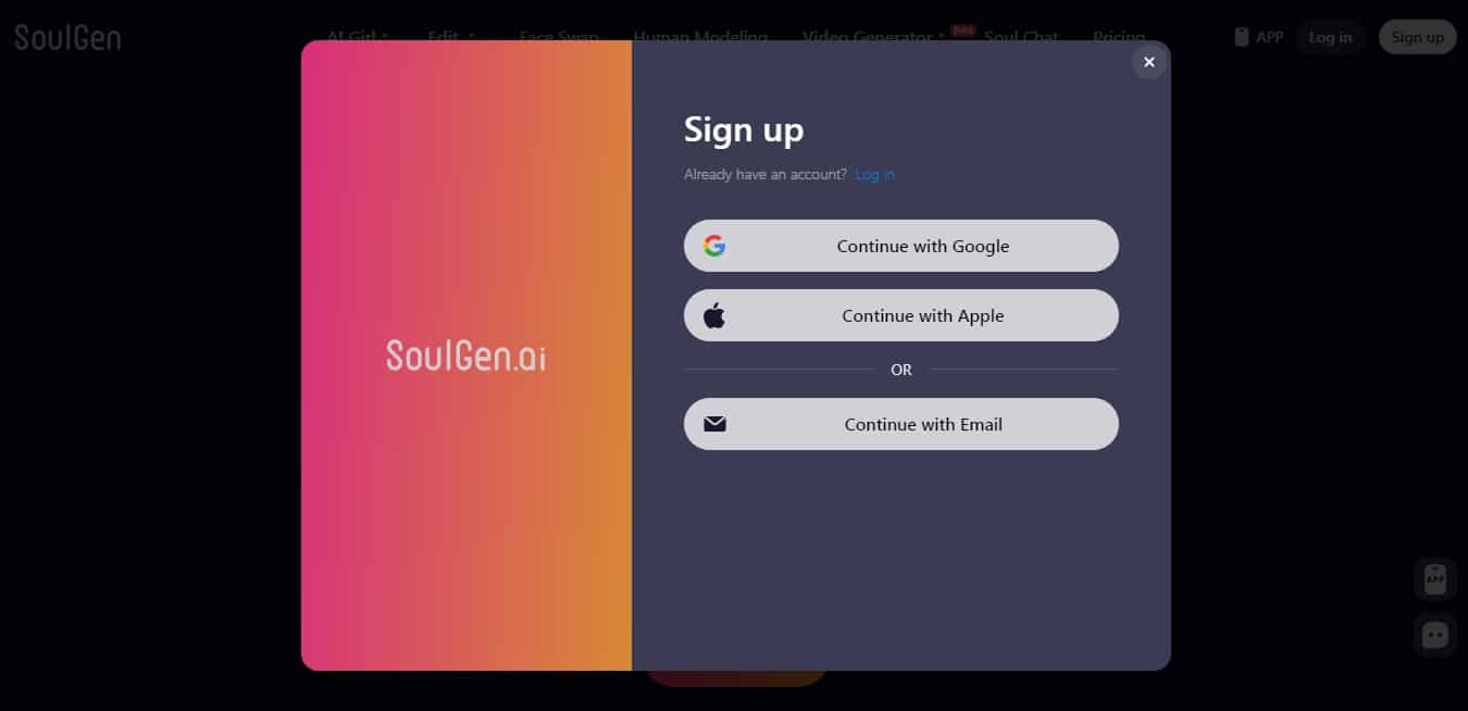Sign up for account on Soulgen