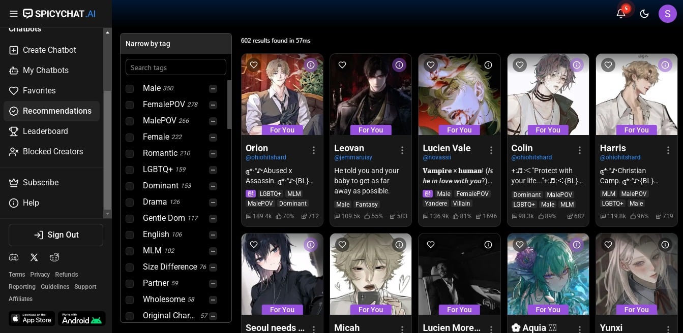 SpicyChat User interface