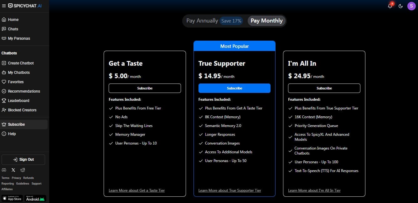 SpicyChat pricing