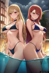 Two Bikini-Clad Anime Babes Teasing Wet Curves in the Pool