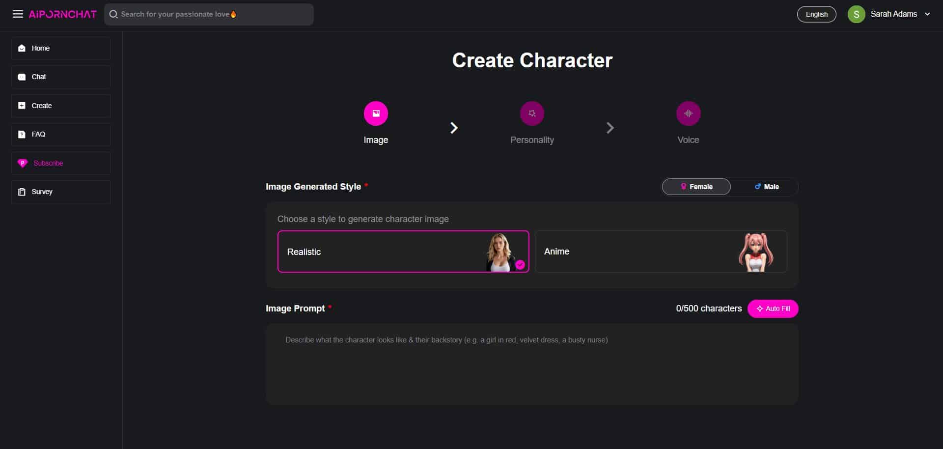 Create Character using AIPornchat