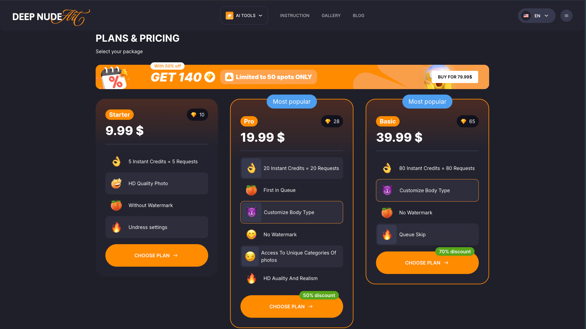 Deep Nude AI pricing