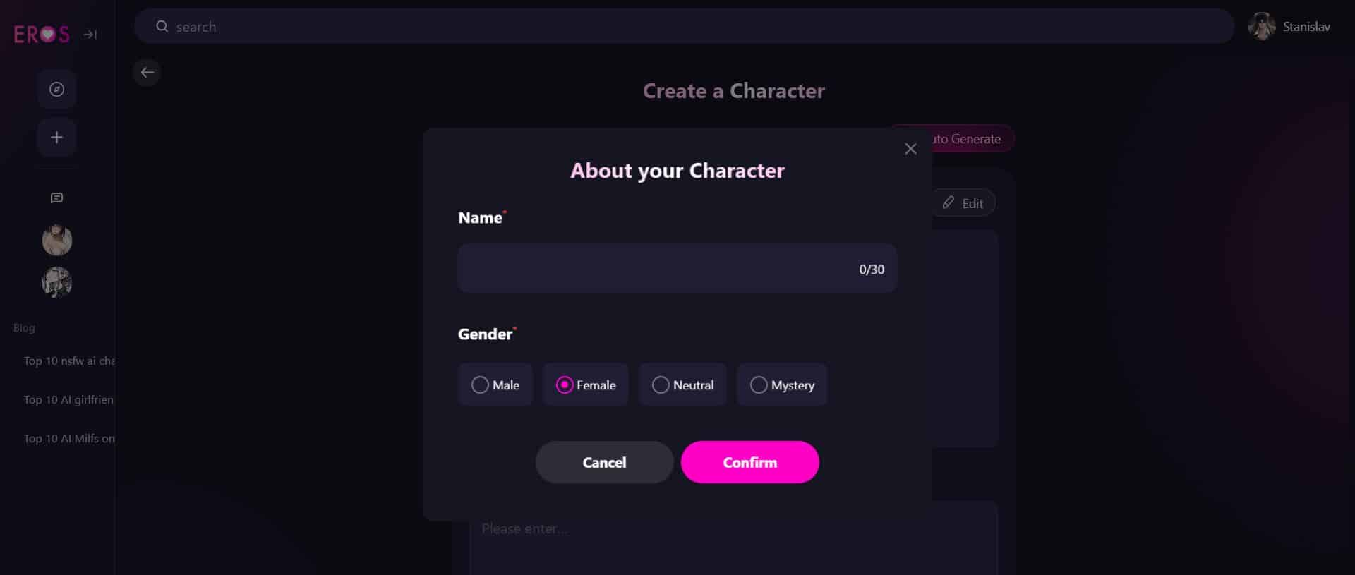 Eros ai Create character